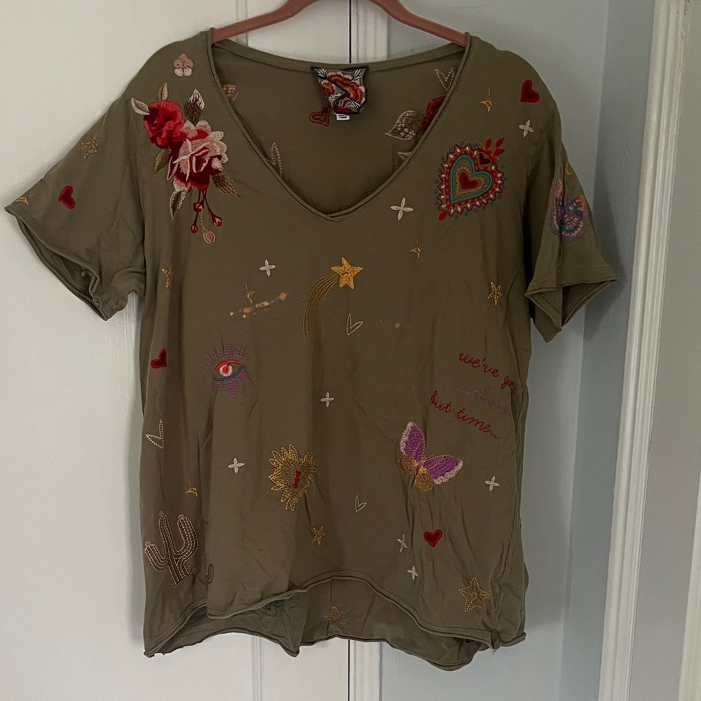 Johnny Was Olive Embroidered Short Sleeve Tee